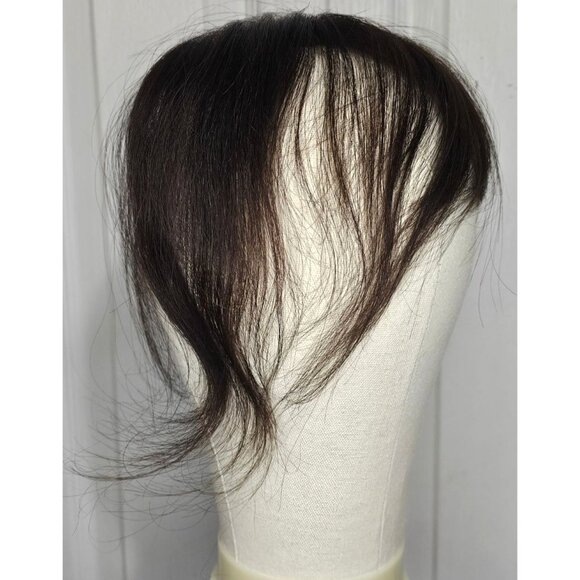 10 in Human Hair Clip Topper Dark Brown Cocoa Wispy Bangs Thinning Hair Wiglet - Picture 2 of 5